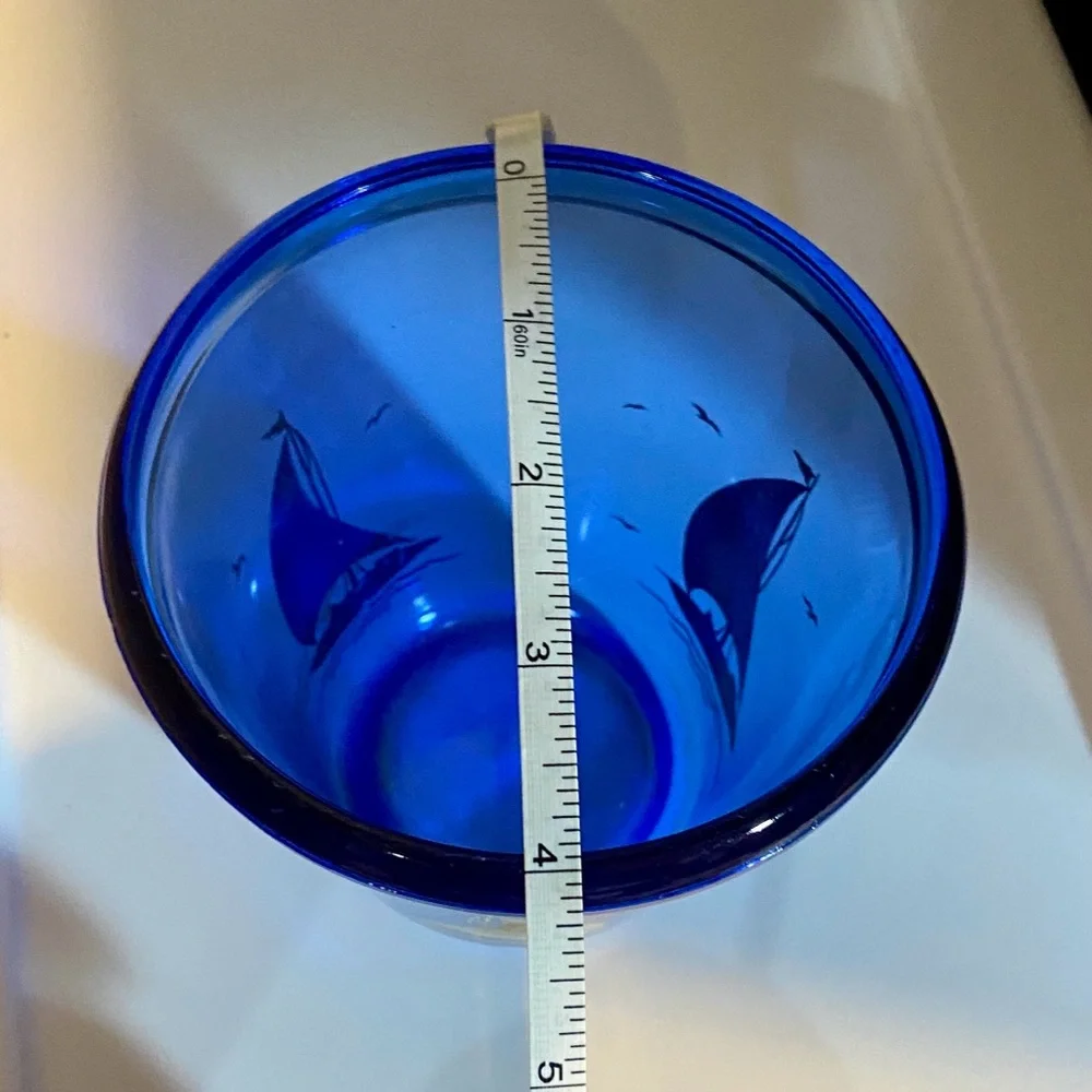 Vintage 4” Hazel Atlas Cobalt Blue Sailboat Ice Bucket - Depression Glass